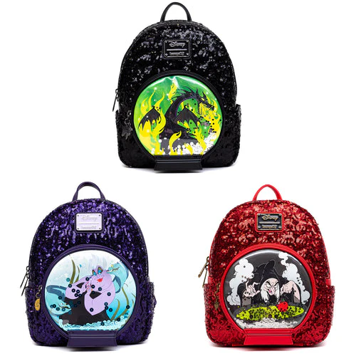 EXCLUSIVE DROP: Loungefly Disney Villains Maleficent Dragon/Ursula/Old Hag Sequin Snow Globe Mini Backpack Bundle - 9/15/23